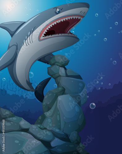 Aggressive shark underwater deep sea background
