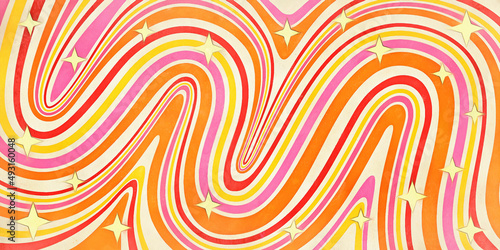 A brightly colored pattern of swirly stripes with four pointed yellow stars in the foreground. Digital painting with a watercolor or acrylic media effect.