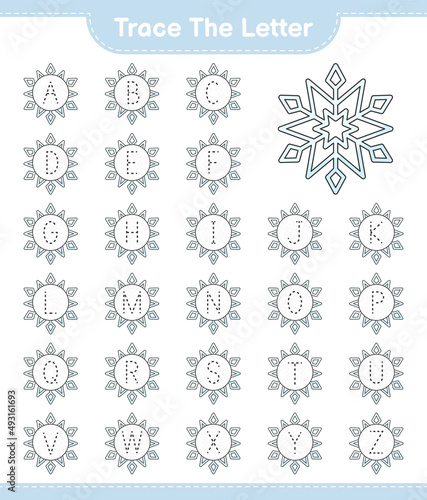 Trace the letter. Tracing letter alphabet with Snowflake. Educational children game  printable worksheet  vector illustration