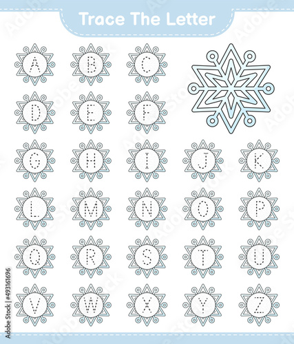 Trace the letter. Tracing letter alphabet with Snowflake. Educational children game  printable worksheet  vector illustration