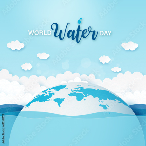 World water day.Earth in water.Paper art of save water for ecology and environment conservation concept design.Vector illustration.