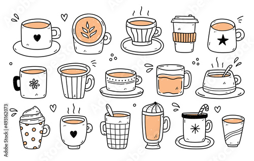 Set of different cute cups with coffee - americano, cappuccino, mocha, coffee to go. Vector hand-drawn illustration in doodle style. Perfect for cards, menu, logo, decorations, various designs.