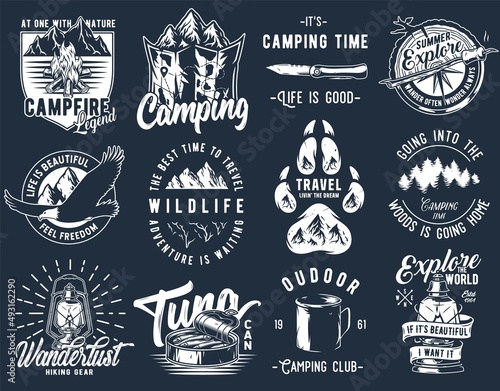 Set of monochrome camping and travel emblems, including campfire, flag, wood, lantern, forest