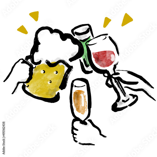 お酒で乾杯している手描き和風イラスト