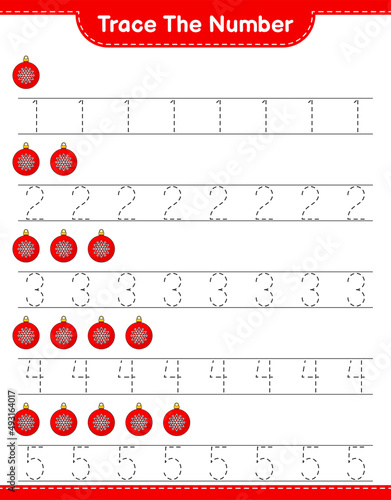 Trace the number. Tracing number with Christmas Ball. Educational children game, printable worksheet, vector illustration