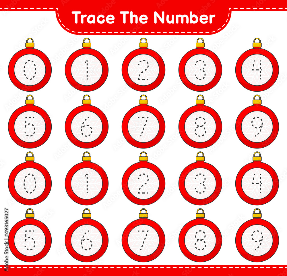 Naklejka premium Trace the number. Tracing number with Christmas Ball. Educational children game, printable worksheet, vector illustration