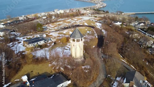 Aerial view of tower in Fort Revere park in Massachusetts with Allerton city in the background photo