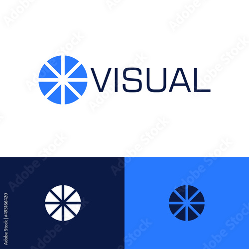 Tech camera design concept. Lens company brand logomark illustration. Can representing visual, photo, video, studio, creative.