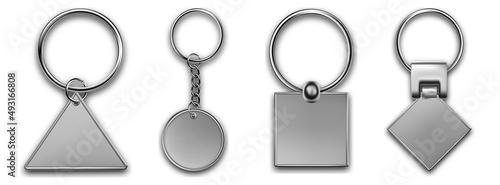 Holder trinket in other shapes isolated on white background. Realistic template metal keychain set. Trinket keyring, keyholder and breloque illustration.