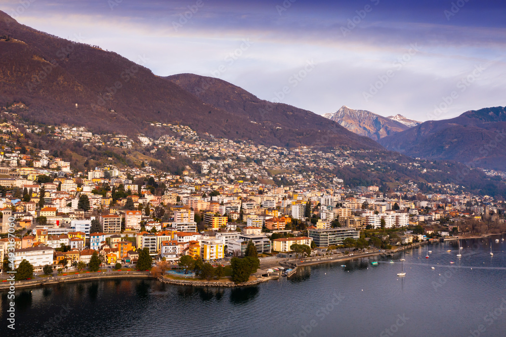 Mountains landscape and town Locarno at winter day, Swiss Alps, Switzerland