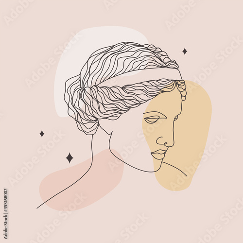 Ancient greek sculpture. Linear head of Aphrodite. Goddess antique statue. Trendy vector illustration in one line drawing style. Minimalist female bust with abstract shapes.