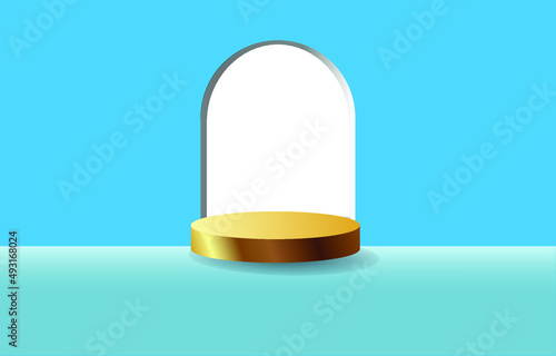gold cylindrical plinth Abstract pastel blue minimalist wall scene . Vector renders 3D geometric shapes for product presentations.