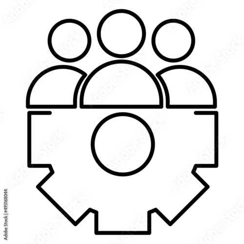 A cog icon and three people attend a resolution group meeting.