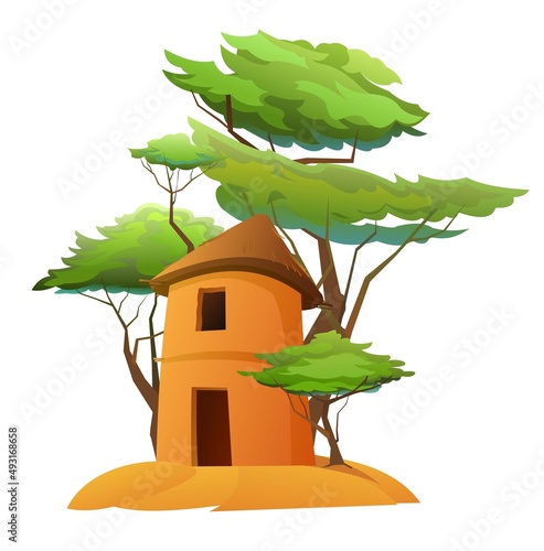 Africa rural houses made of clay and straw. African landscape. Isolated on white background. Acacia trees. Vector
