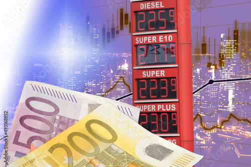 Euro Geldscheine, Börse und hohe Kraftstoffpreise in Deutschland