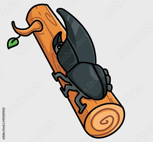 cute rhinoceros beetles on tree branch leaf. cartoon animal nature concept Isolated illustration. Flat Style suitable for Sticker Icon Design Premium Logo vector. Mascot Character