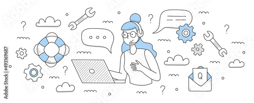 Customer help and support service background. Vector doodle illustration of call center and hotline with girl operator in headset, laptop, message with question, lifebuoy and gears