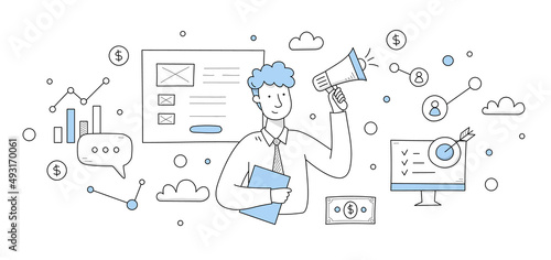 Digital marketing concept with doodle illustration of man with megaphone, website and money. Vector background with symbols of online market strategy and businessman