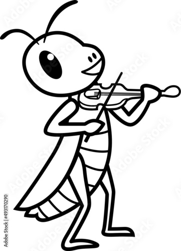 Violinist Grasshopper cartoon drawing for coloring book