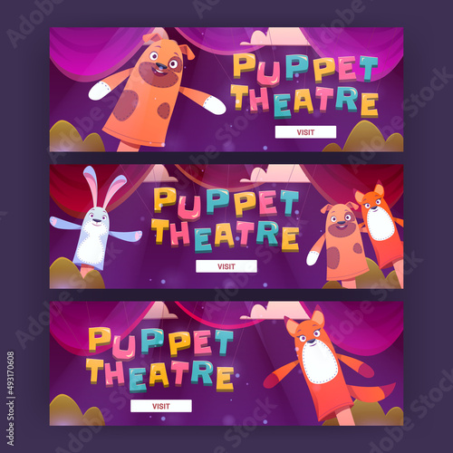 Puppet theater cartoon web banners, funny dolls perform show or fairy tale story for children on stage. Hand toys dog, rabbit and fox personages theatrical performance for kids, Vector illustration
