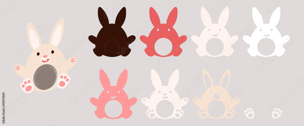 Cute bunny candy holder for kids. Hanger for sweets, candies for birthday, baby shower, Easter, Christmas. Layered paper decoration treat holder for dome. Print, cut out, glue. Vector illustration Cute bunny candy holder for kids. Hanger for sweets, candies for birthday, baby shower, Easter, Christmas. Layered paper decoration treat holder for dome. Print, cut out, glue. Vector illustration