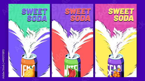 Soda ads posters with sweet drink splashing out of tin cans. Cold fresh juice or fruit water advertisement campaign, beverage promotional background in line art cartoon style, Vector illustration