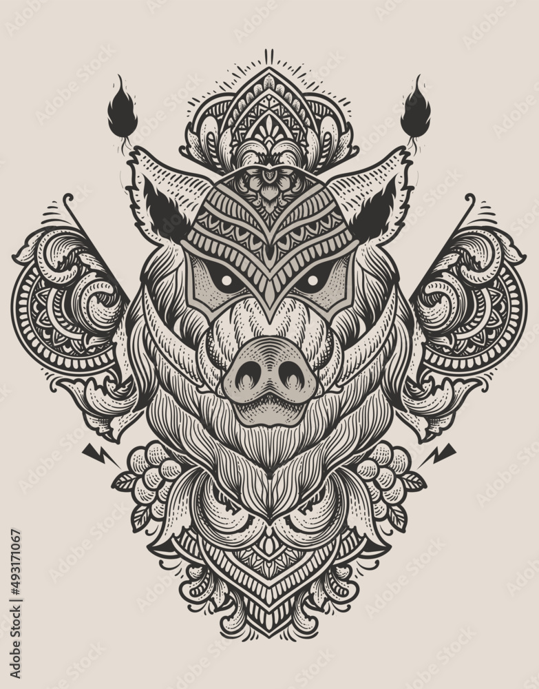 illustration wild boar head with antique engraving ornament style illustration wild boar head with antique engraving ornament style