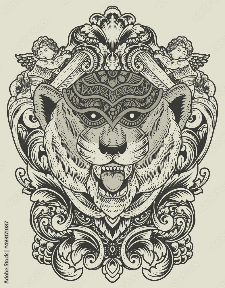 Obraz premium illustration tiger head engraving style with mask