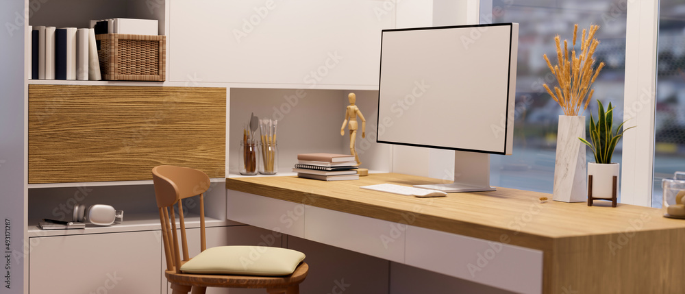 Minimalist home workspace interior design with PC computer Minimalist home workspace interior design with PC computer