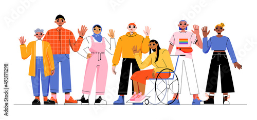 Group of multiracial people, girl in wheelchair, lgbt person and elderly woman . Concept of multiracial and multicultural community. Vector flat illustration of diverse characters
