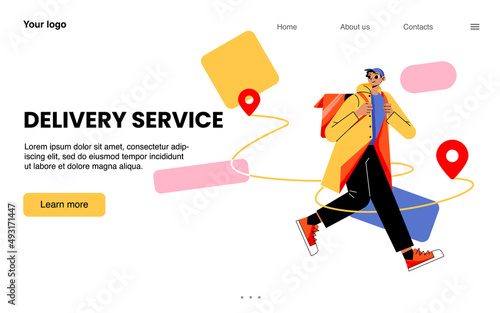 Delivery service banner with man courier with backpack and map points. Vector landing page with flat illustration of deliver man walk and carry parcel or order