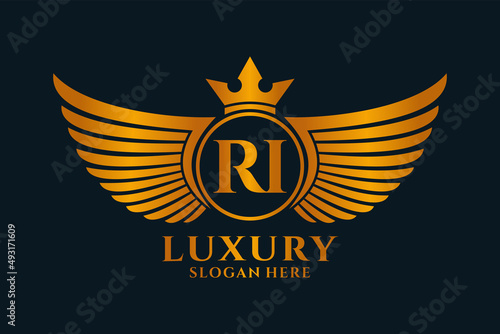 Luxury royal wing Letter RI crest Gold color Logo vector, Victory logo, crest logo, wing logo, vector logo template. photo
