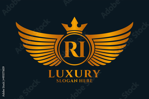 Luxury royal wing Letter RI crest Gold color Logo vector, Victory logo, crest logo, wing logo, vector logo template.