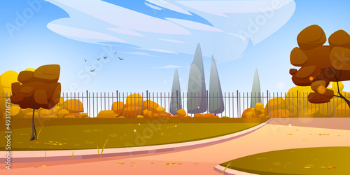 Autumn park, city area background with pathway, lawn and yellow or brown trees. Fall season landscape with urban garden under blue cloudy sky, public place for recreation, Cartoon vector illustration,