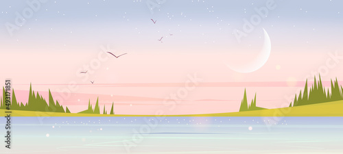 Early morning summer nature landscape, with lake, green field and conifers trees. Scenery valley, pond and spruces under pink sky with crescent, stars and birds, Cartoon tranquil vector background