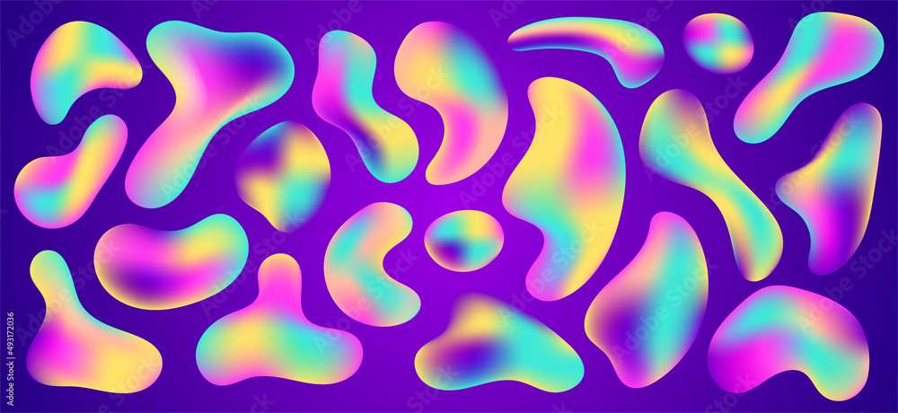 Set of abstract liquid shape. Set isolated liquid elements of holographic chameleon design palette of shimmering colors. Modern abstract pattern, bright colorful paint splash fluid. Set of abstract liquid shape. Set isolated liquid elements of holographic chameleon design palette of shimmering colors. Modern abstract pattern, bright colorful paint splash fluid.