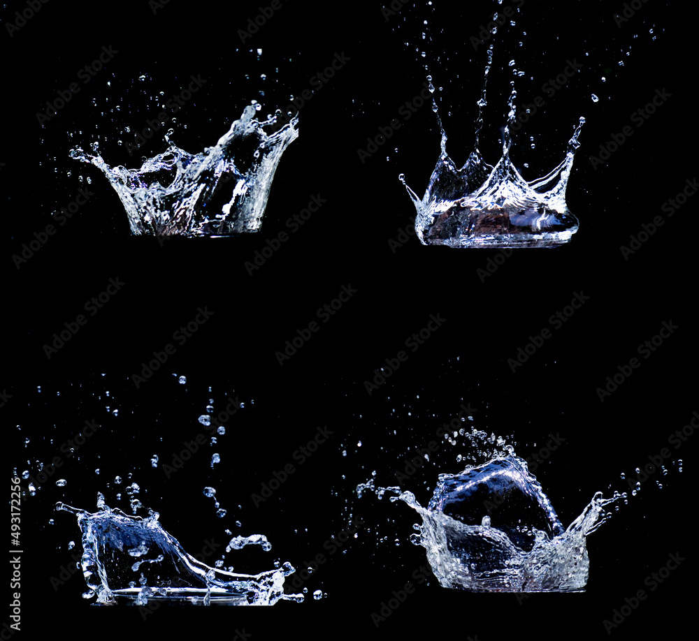 Collection Water scattered on a black background. Water splashing on a black background. isolated splash on black background