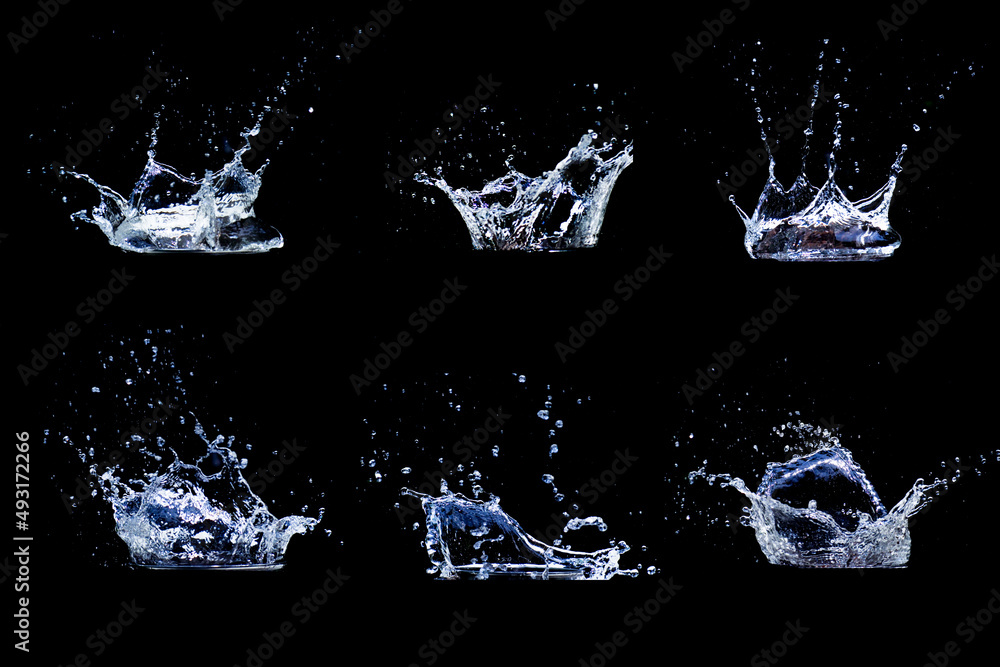 Collection Water scattered on a black background. Water splashing on a black background. isolated splash on black background