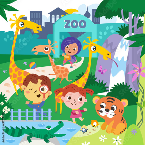 Cute kids in zoo among animals. Funny cartoon characters. Vector illustration for games  puzzles.