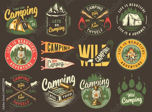 Camping outdoor emblem set, wild forest trip, boating adventure, mountains and campfire explore