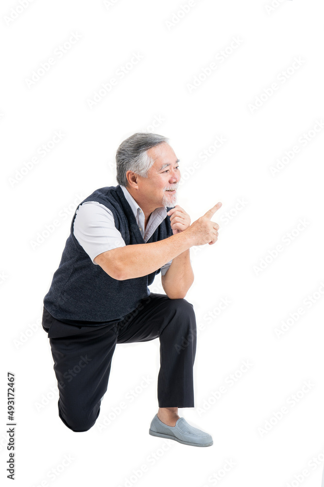 Portrait positive executive senior man siting and pointing to copy space for your promotional or text isolated on white background.