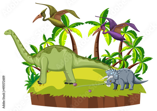 Scene with dinosaurs on island