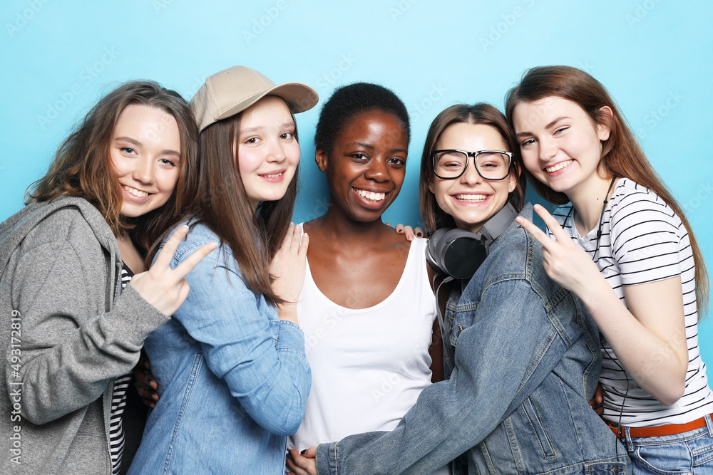 Fototapeta premium Multi-ethnic women with dark and white skin color female women portrait. Friendship and lifestyle concept.