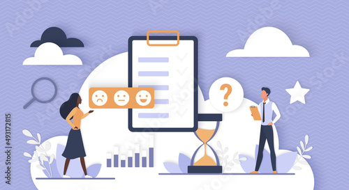 Online survey about quality of product or service. Tiny people with paper checklist and hourglass compare results with measure tools flat vector illustration. Questionnaire, test process concept