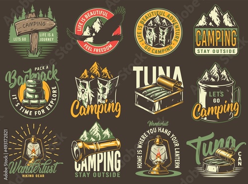 Set of monochrome camping and travel emblems, including campfire, flag, wood, lantern, forest