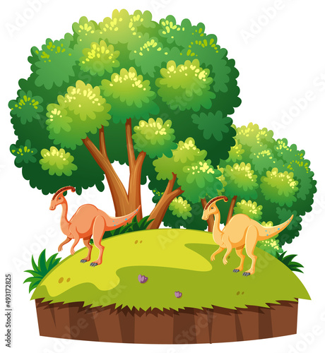 Scene with dinosaurs parasaurolophus on island