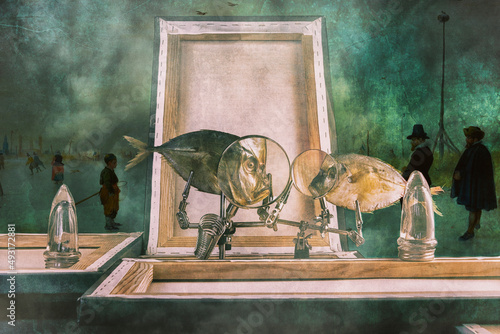 Fotografie Still life with Moonfish, frames of paintings and magnifying glasses and a fragm