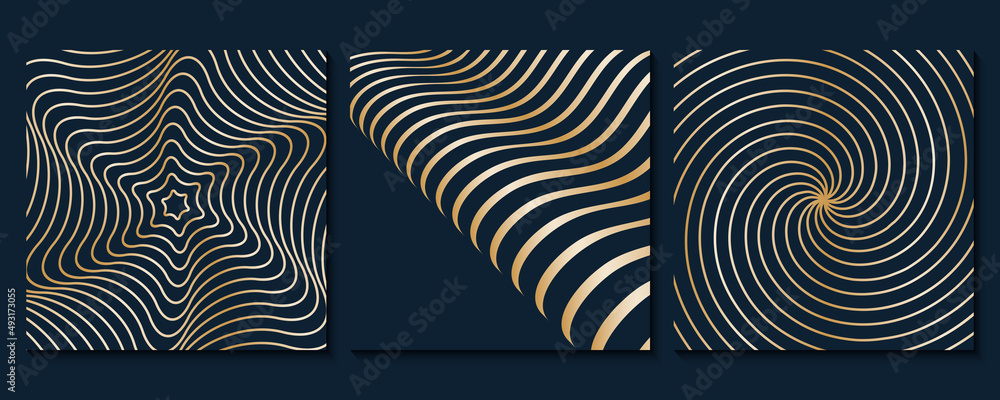 Set of gold on black poster with geometric shapes. Abstract background with liquid wavy lines art. Op art design.