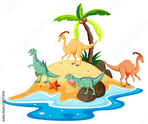 Scene with dinosaurs parasaurolophus and carnotaurus on island