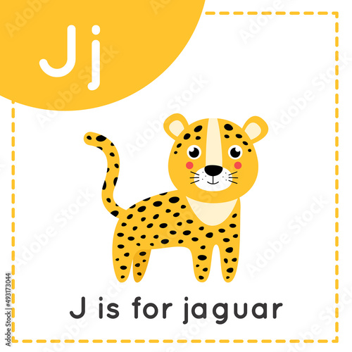 Learning English alphabet for kids. Letter J. Cute cartoon jaguar.